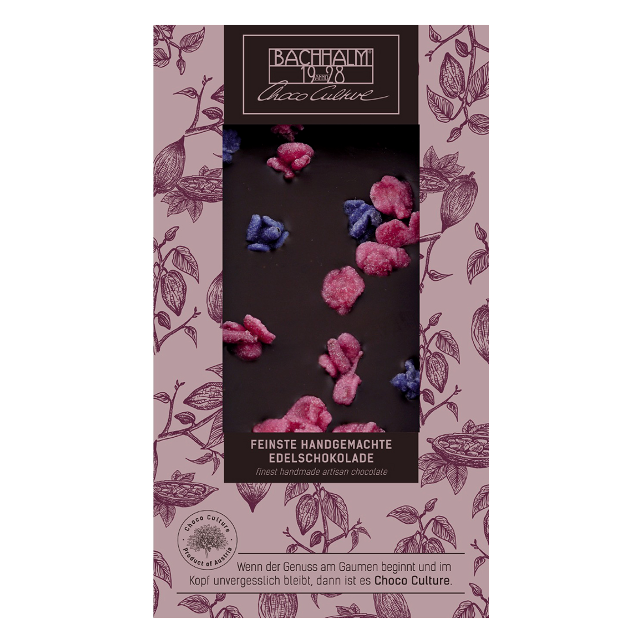 Zartbitter Schokolade mit kandierten Fliederblüten 