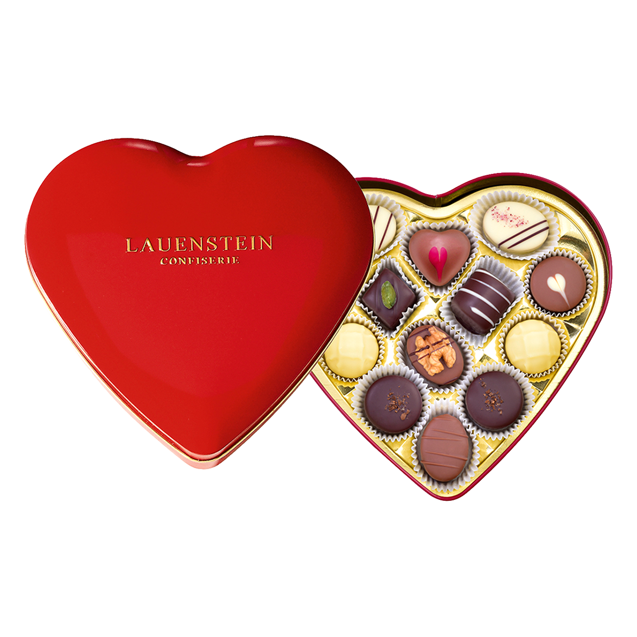 Pralinen mit Alkohol in roter Herzdose